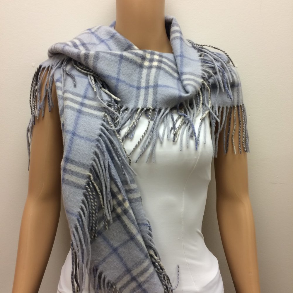 Light Blue Plaid Cashmere Fringed Scarf by Sandra Angelozzi
